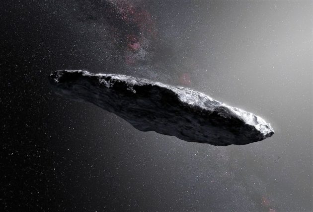 This artist’s impression shows the first interstellar asteroid, `Oumuamua. Observations from ESO’s Very Large Telescope in Chile and other observatories around the world show that this unique object was travelling through space for millions of years before its chance encounter with our star system. It seems to be a dark red highly-elongated metallic or rocky object, about 400 metres long, and is unlike anything normally found in the Solar System.