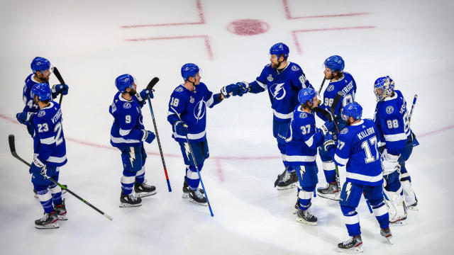 Sep 21, 2020; Edmonton, Alberta, CAN; The Tampa Bay Lightning celebrate the win over the Dallas Stars in game two of the 2020 Stanley Cup Final at Rogers Place. Mandatory Credit: Sergei Belski-USA TODAY Sports